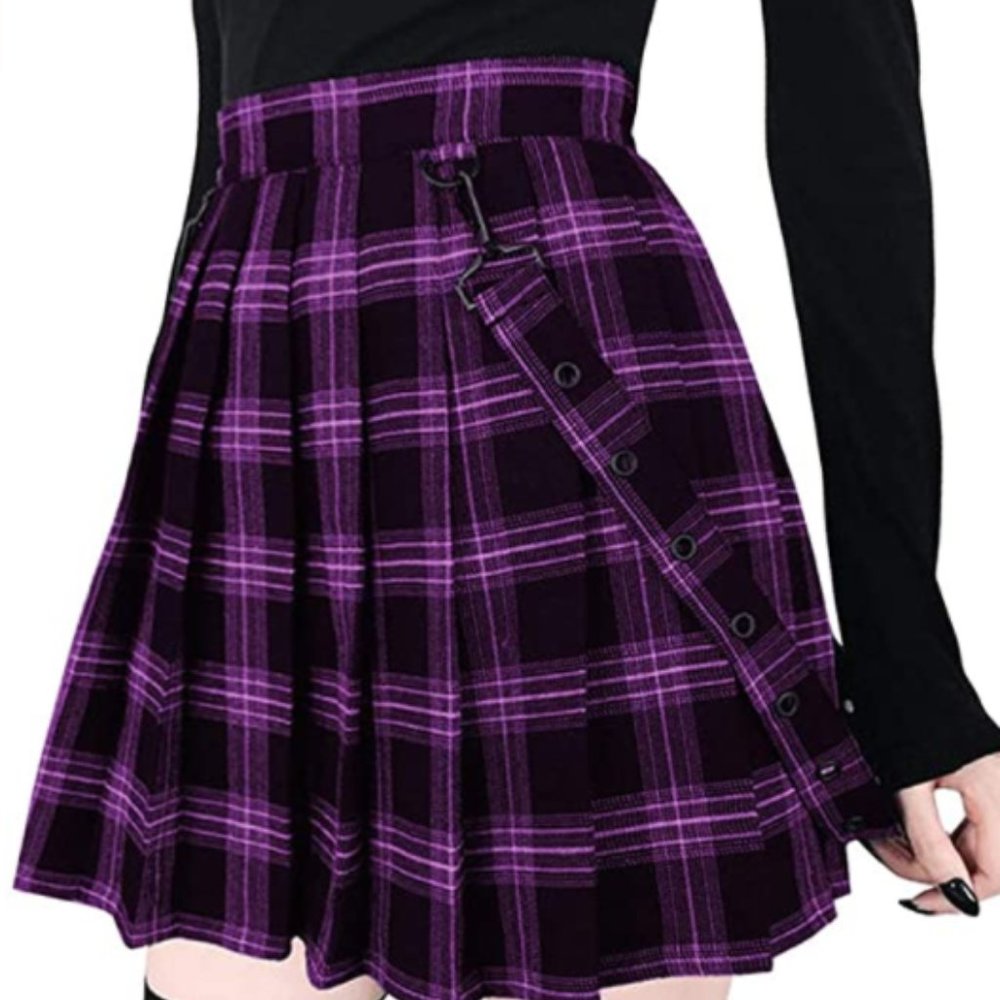 Purple Plaid Skirt with Suspender Straps